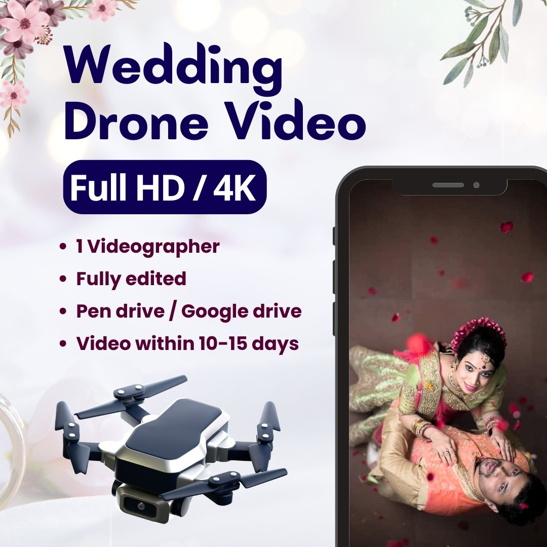 Professional wedding drone video service by DP Capture Studio, offering Full HD and 4K aerial footage with expert editing and a quick delivery time.