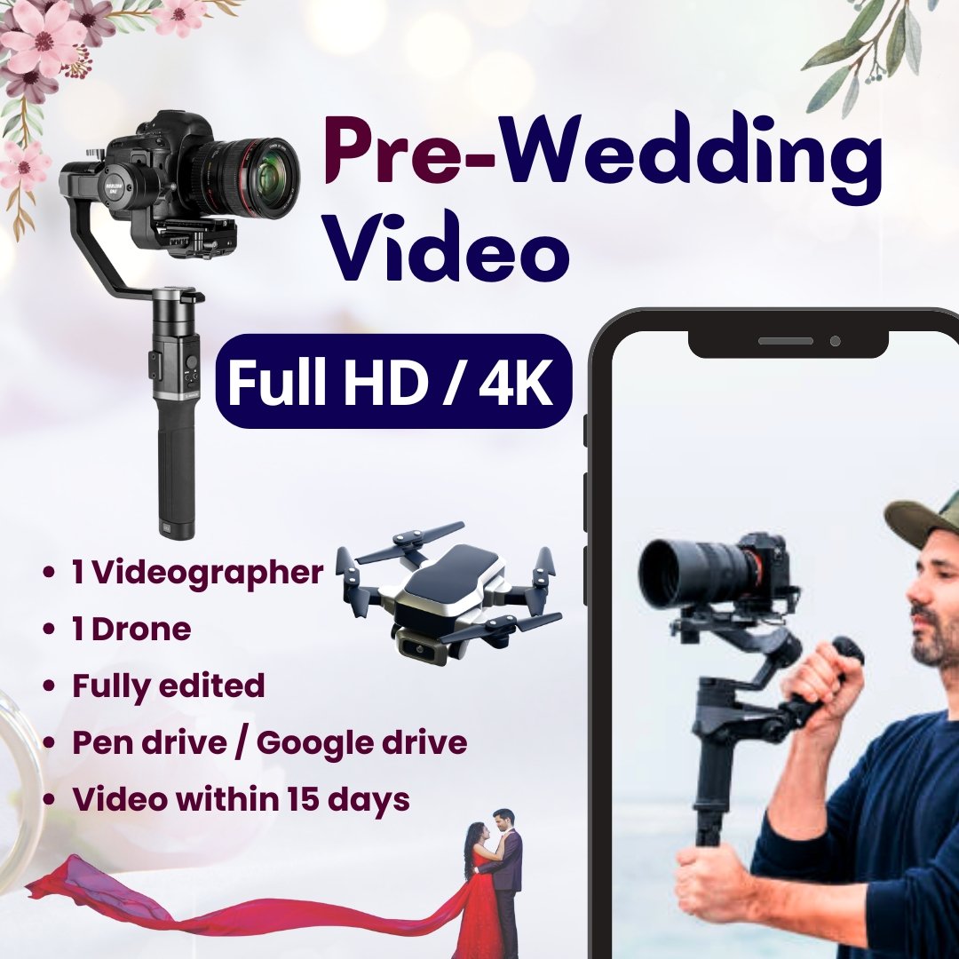 Professional pre-wedding video service by DP Capture Studio, including both gimble and drone footage for cinematic and aerial shots in Full HD and 4K.