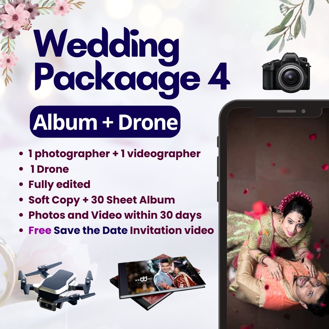 Wedding Package 4 includes 1 photographer, 1 videographer, 1 drone, fully edited photos and video, soft copy, 30-sheet album, and a free Save the Date video.