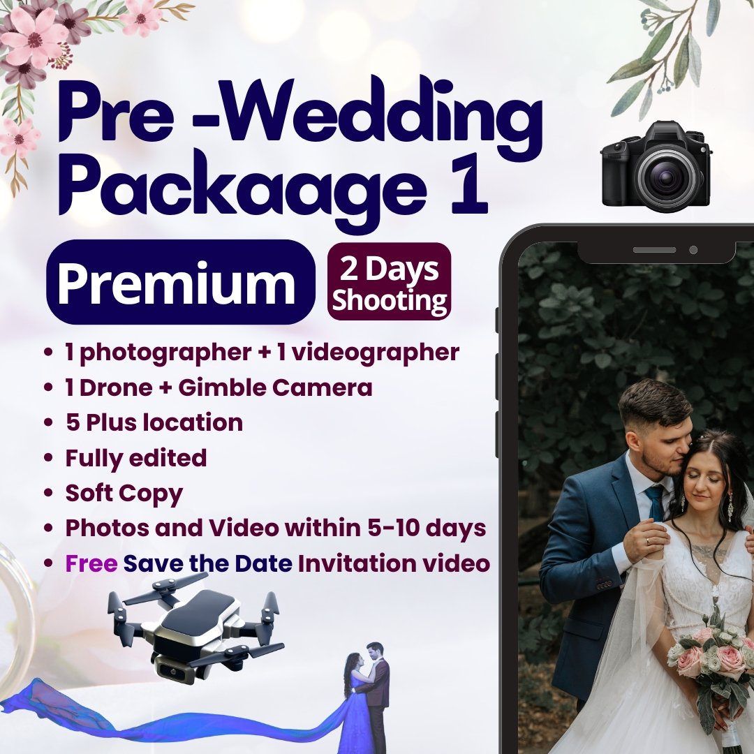 Pre-Wedding Package 1 Premium with 2 days shooting, 1 photographer, 1 videographer, drone, gimble, 5+ locations, fully edited soft copy photos/video, and free Save the Date video.