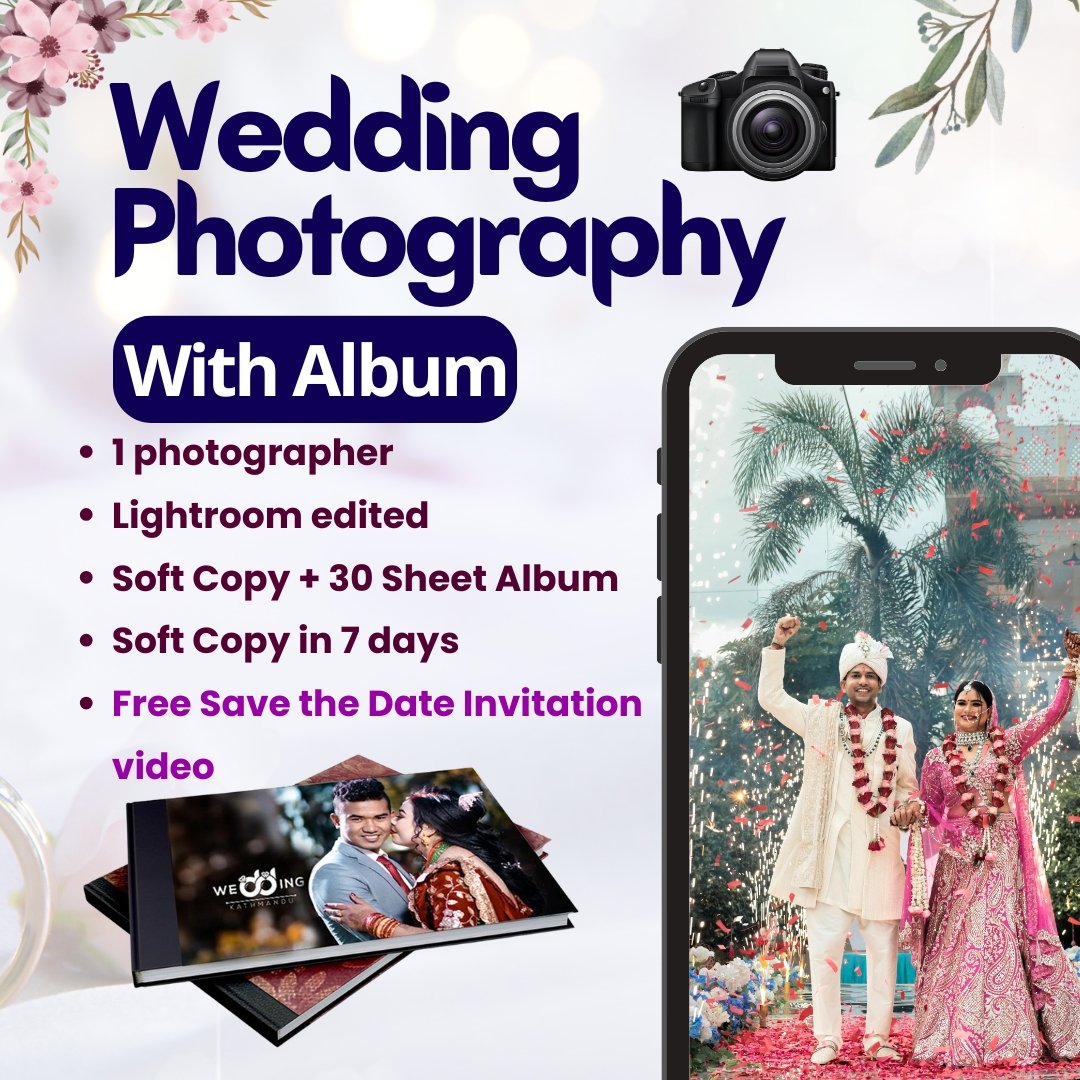 Professional wedding photography with album by DP Capture in Honnavar — includes Lightroom-edited soft copies, 30-sheet premium album, and free Save the Date invitation video.