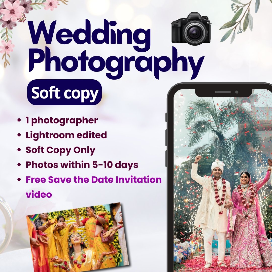 Wedding photography soft copy package by DP Capture Studio, includes 1 photographer, Lightroom-edited photos, digital delivery, and free Save the Date video.
