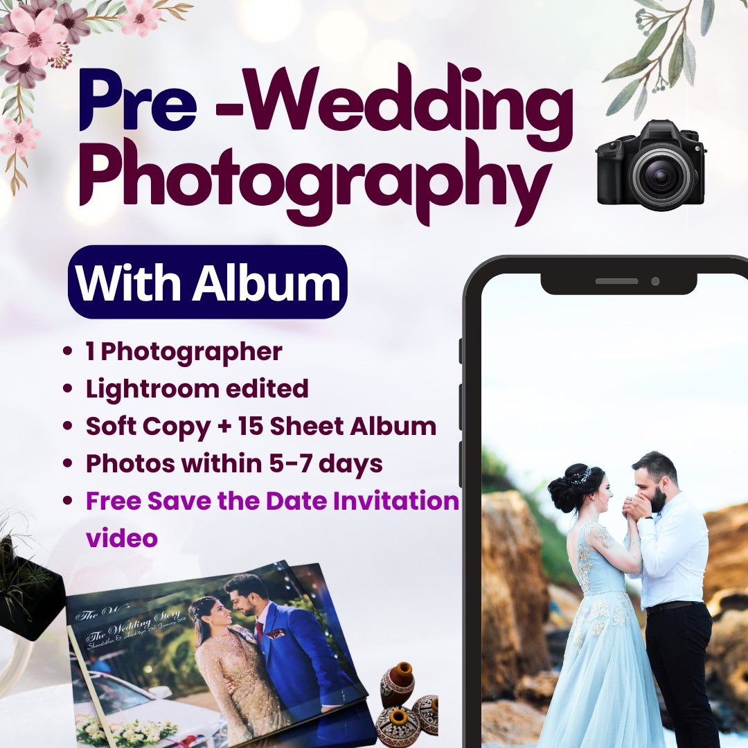 Pre-wedding photography with album by DP Capture Studio, includes a professional photographer, Lightroom-edited photos, a 15-sheet album, and a free Save the Date video.