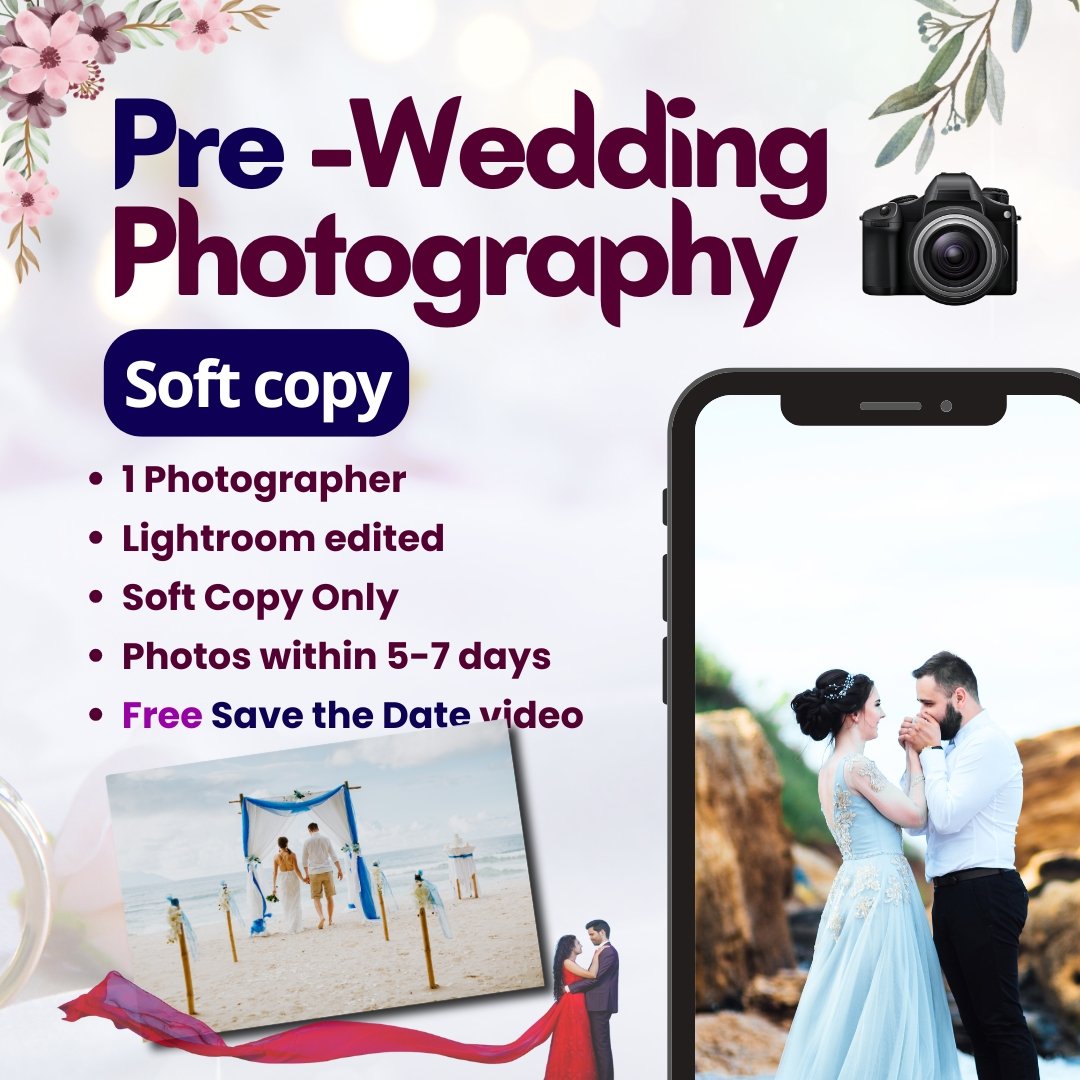 Pre-wedding photography soft copy package by DP Capture Studio, includes a professional photographer, Lightroom-edited photos, and a free Save the Date video.