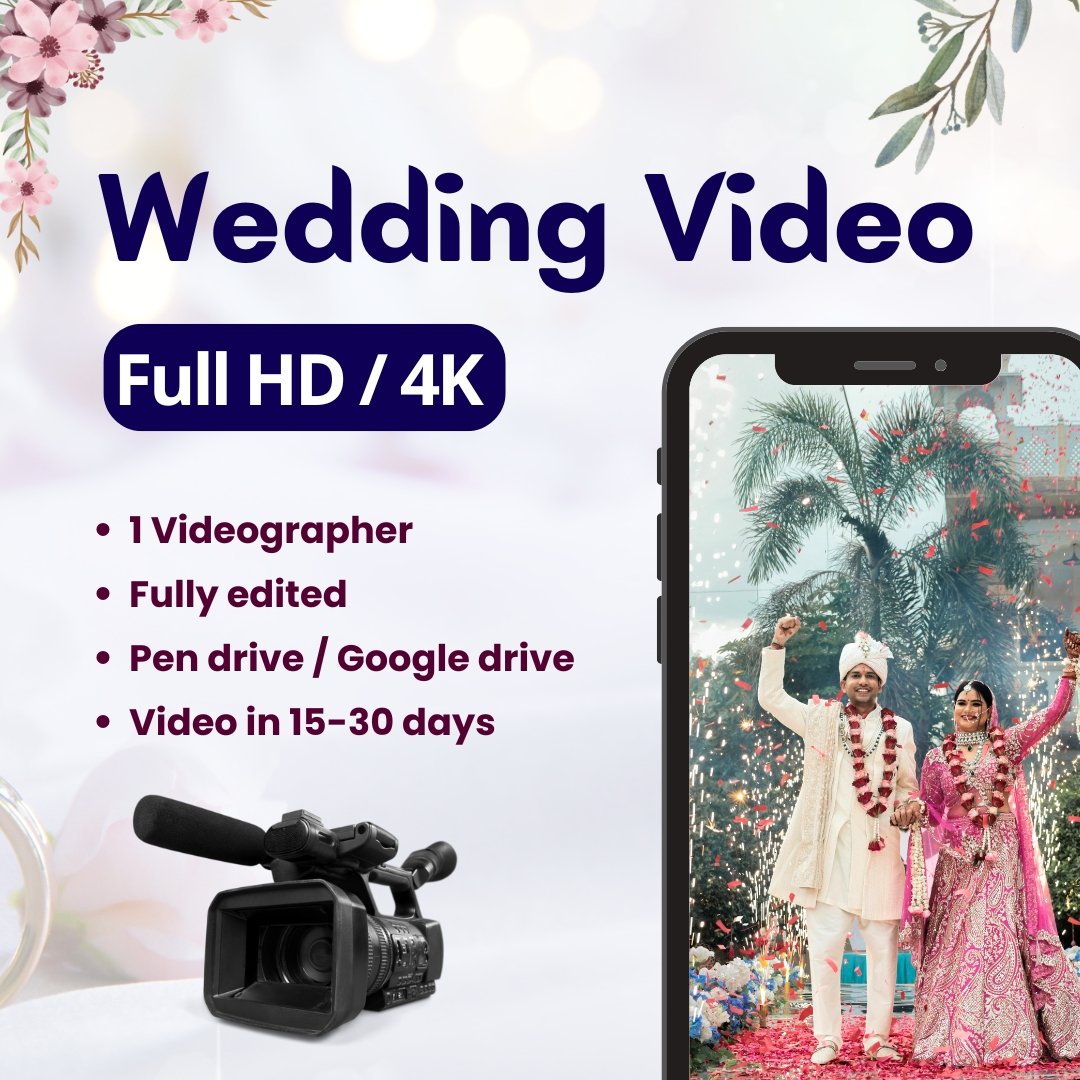 Professional wedding video service by DP Capture Studio, offering Full HD and 4K quality, expert editing, one videographer, and delivery on pen drive/Google Drive.